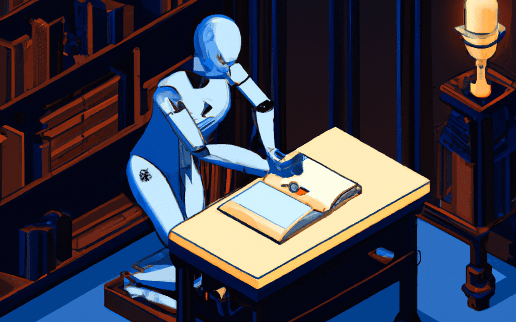 an ai robot writing a book in a library (3d animation)