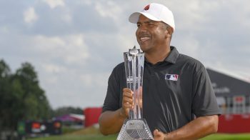 BLAINE, MN - JULY 28: Jhonattan Vegas holds the trophy he was presented after winning the 3M Open at TPC Twin Cities on July 27, 2024 in Blaine, Minnesota.(Photo by Nick Wosika/Icon Sportswire via Getty Images)